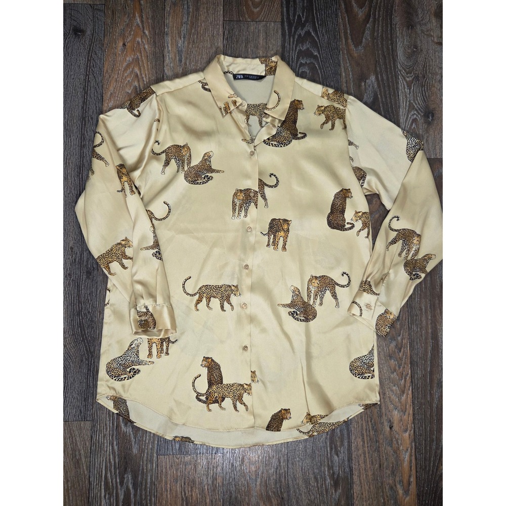 Zara Womens Leopard Print Satin Button Down Blouse Beige Animal Long Sleeve M
